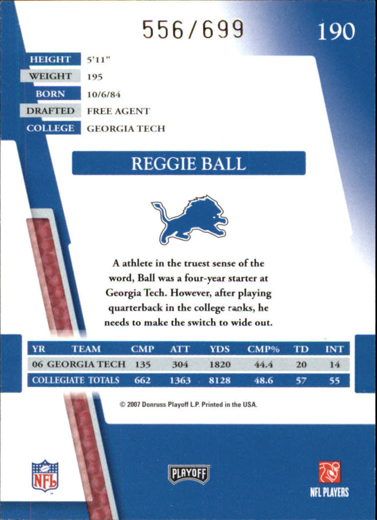 2007 Absolute Memorabilia #190 Reggie Ball RC back image