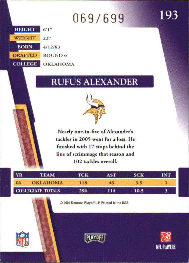 2007 Absolute Memorabilia #193 Rufus Alexander RC back image