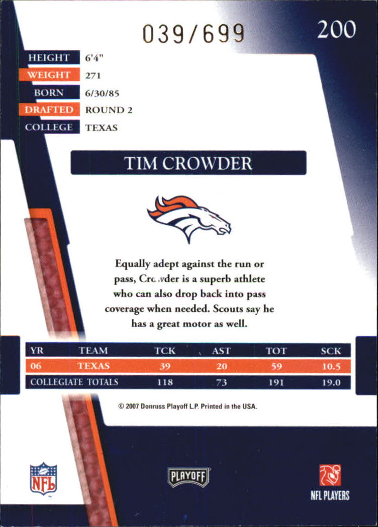 2007 Absolute Memorabilia #200 Tim Crowder RC back image