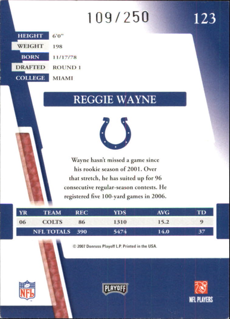 2007 Absolute Memorabilia Spectrum Blue Retail #123 Reggie Wayne back image