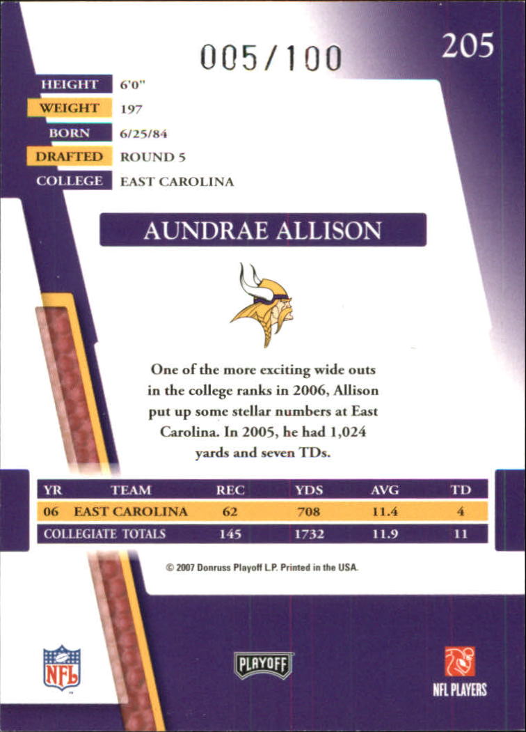 2007 Absolute Memorabilia Spectrum Silver Retail #205 Aundrae Allison back image