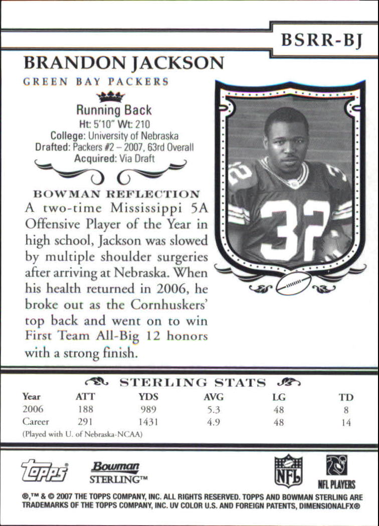 2007 Bowman Sterling #BJ1 Brandon Jackson JSY RC back image