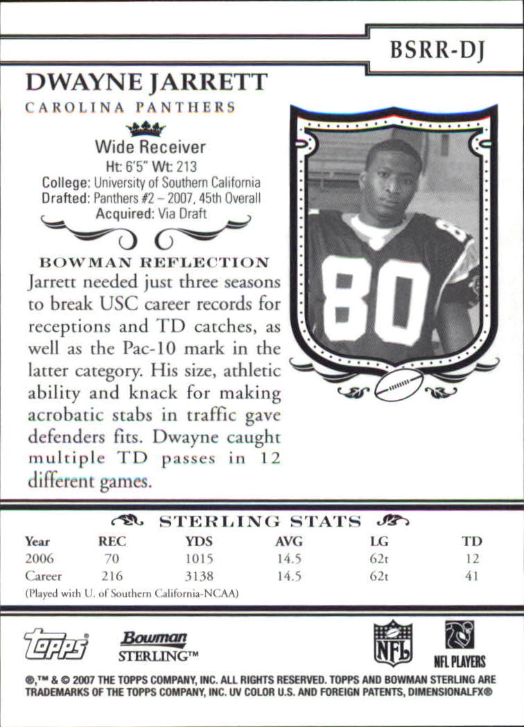 2007 Bowman Sterling #DJ1 Dwayne Jarrett JSY RC back image