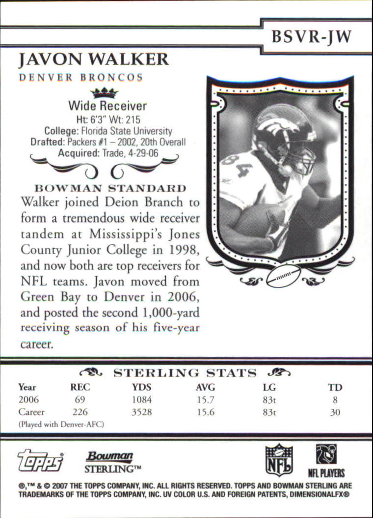 2007 Bowman Sterling #JW Javon Walker JSY back image