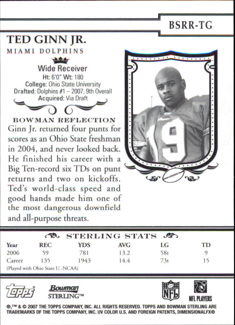 2007 Bowman Sterling #TG1 Ted Ginn JSY RC back image