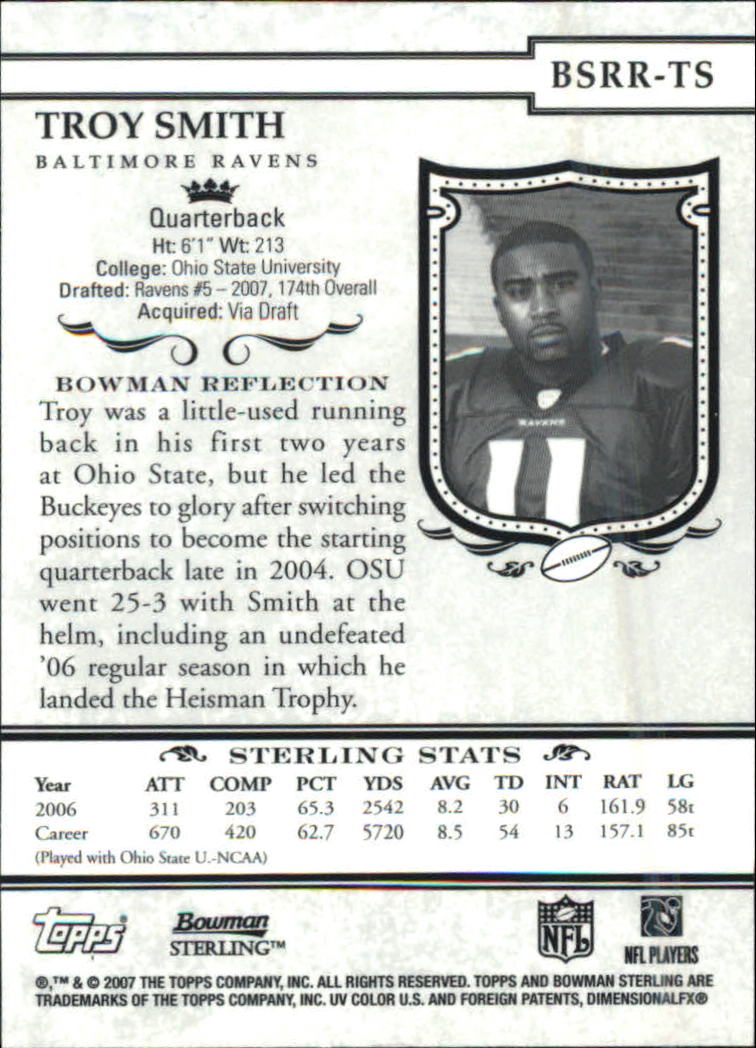 2007 Bowman Sterling #TS1 Troy Smith JSY RC back image
