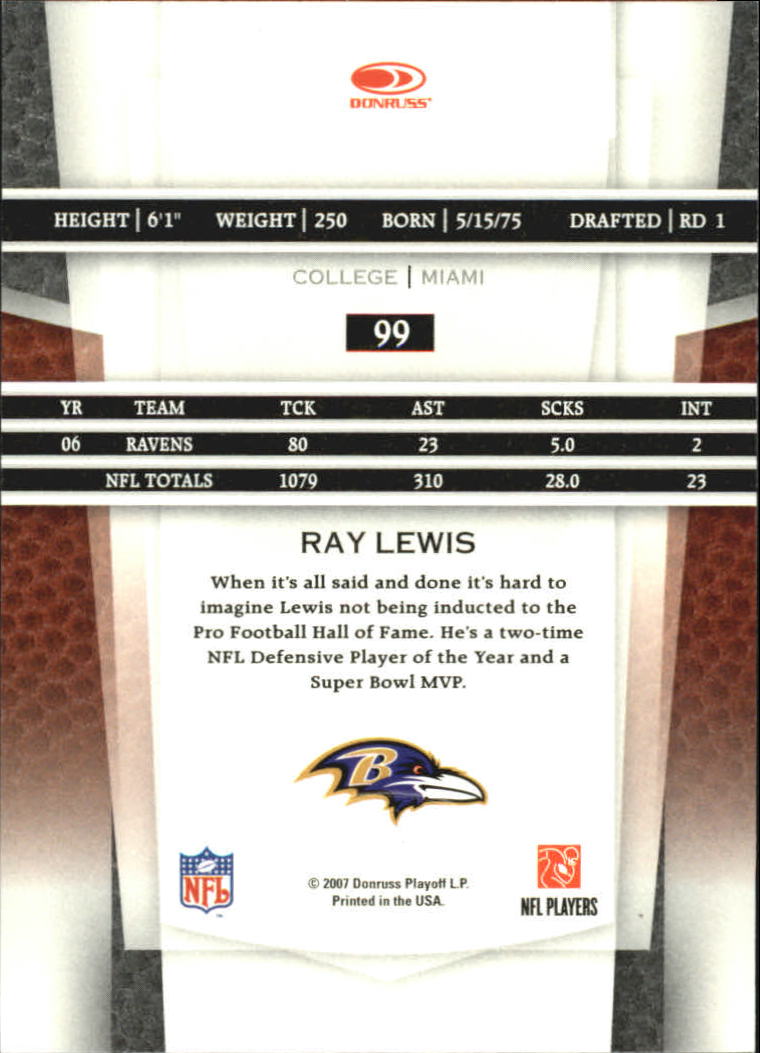 2007 Leaf Certified Materials #99 Ray Lewis back image