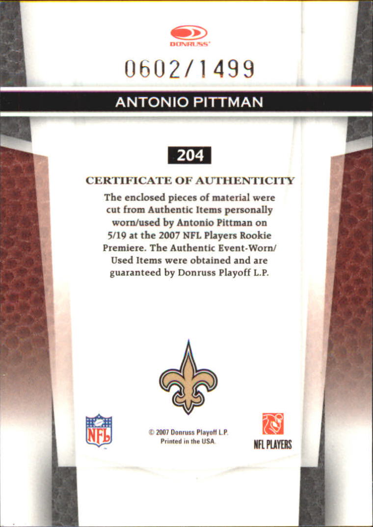 2007 Leaf Certified Materials #204 Antonio Pittman JSY RC back image