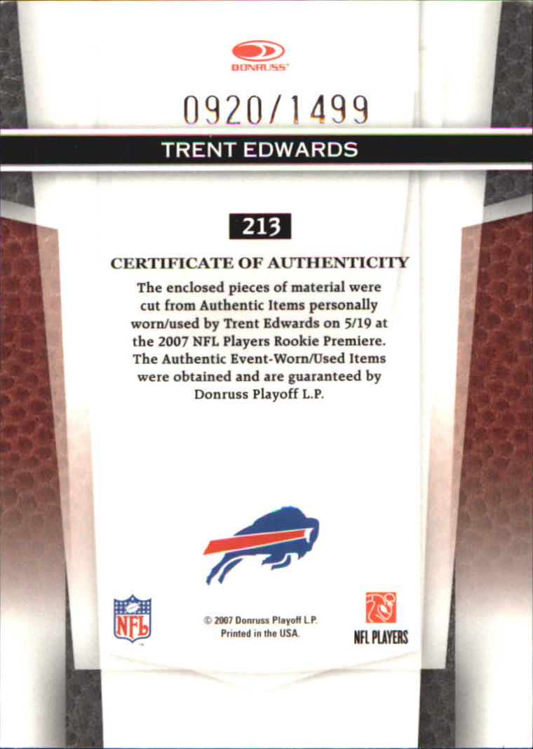 2007 Leaf Certified Materials #213 Trent Edwards JSY RC back image