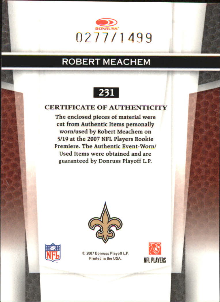2007 Leaf Certified Materials #231 Robert Meachem JSY RC back image