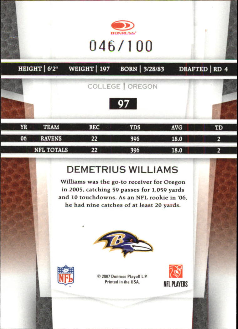 2007 Leaf Certified Materials Mirror Red #97 Demetrius Williams back image