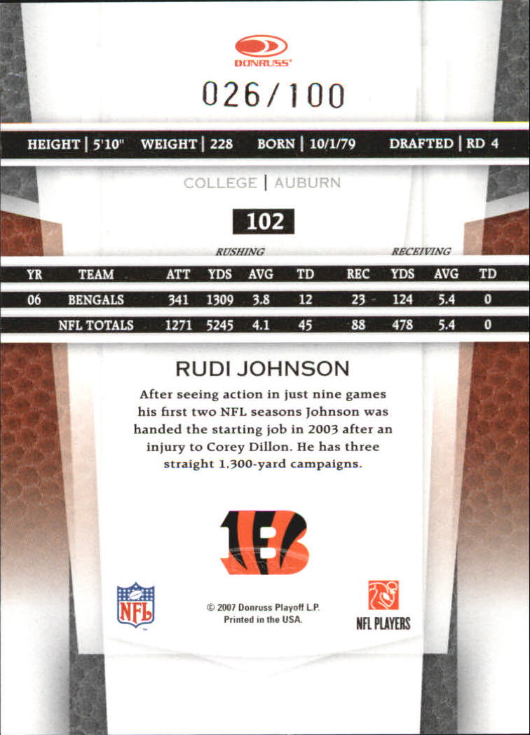 2007 Leaf Certified Materials Mirror Red #102 Rudi Johnson back image