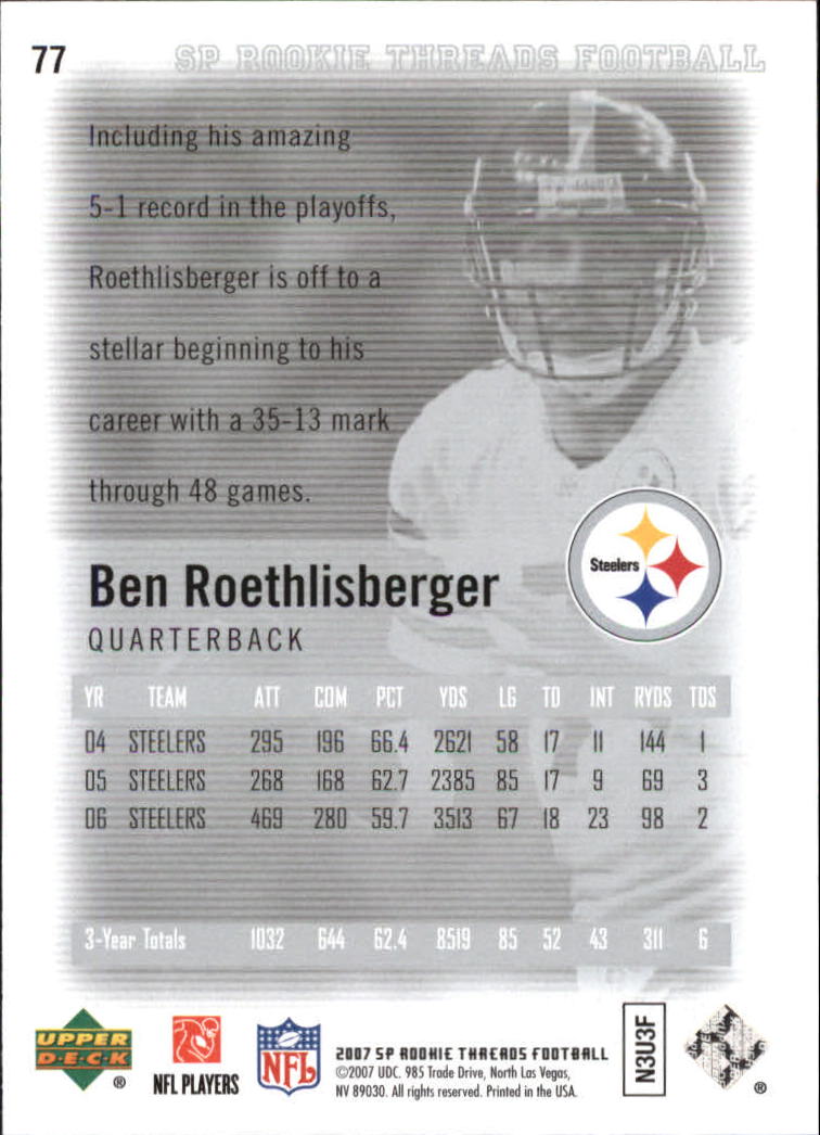 2007 SP Rookie Threads #77 Ben Roethlisberger back image