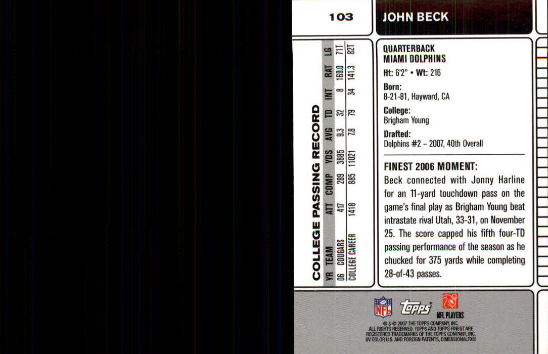2007 Finest #103 John Beck RC back image