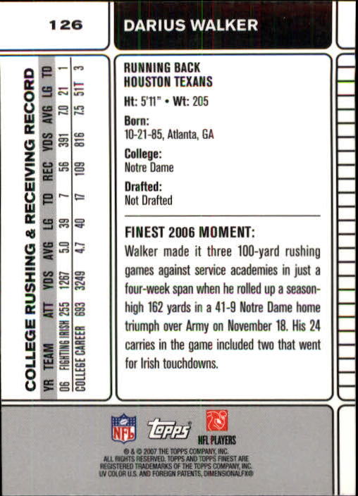 2007 Finest #126 Darius Walker RC back image