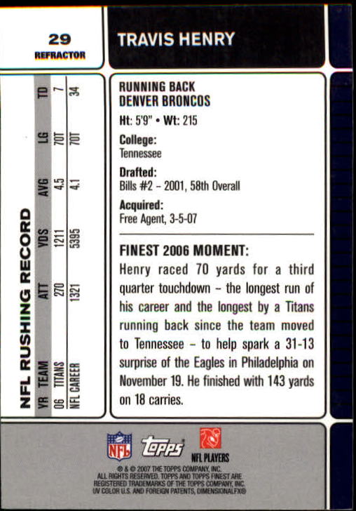 2007 Finest Refractors #29 Travis Henry back image