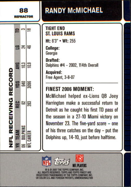 2007 Finest Refractors #88 Randy McMichael
