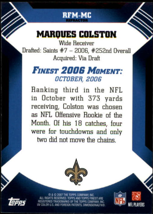 2007 Finest Moments Refractors #MC Marques Colston back image