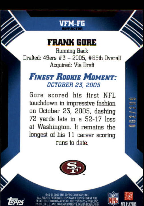 2007 Finest Moments Blue Refractors #FG Frank Gore back image