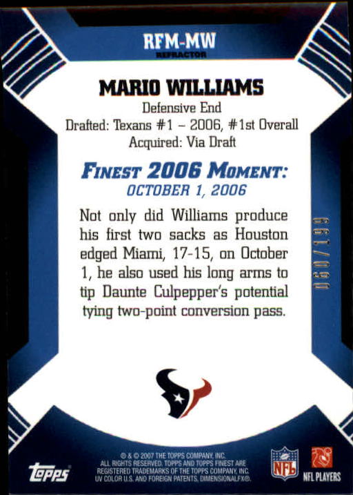 2007 Finest Moments Green Refractors #MW Mario Williams back image