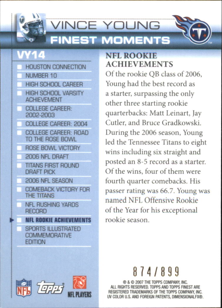 2007 Finest Vince Young Finest Moments #14 Vince Young back image