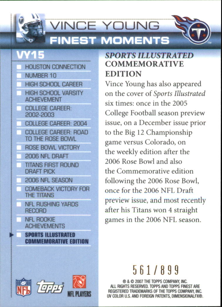 2007 Finest Vince Young Finest Moments #15 Vince Young back image