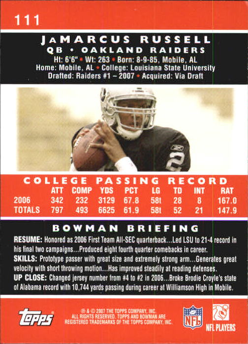 2007 Bowman #111 JaMarcus Russell RC back image