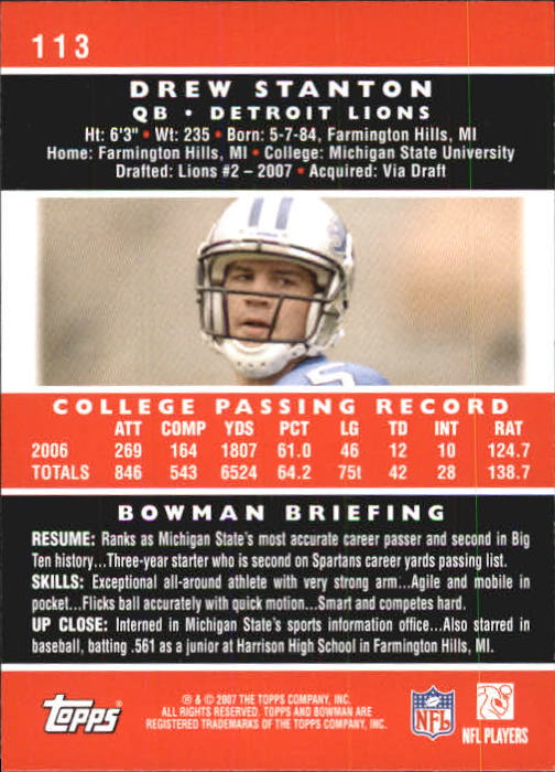 2007 Bowman #113 Drew Stanton RC back image