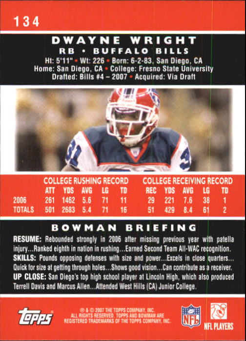 2007 Bowman #134 Dwayne Wright RC back image