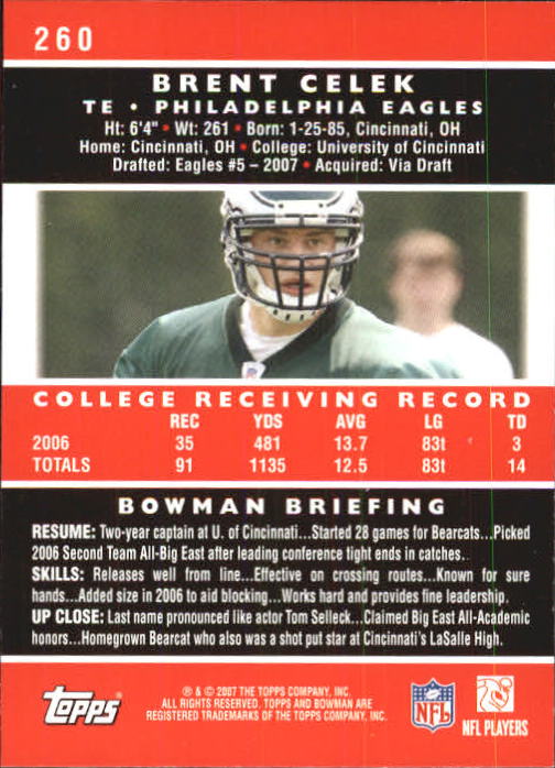 2007 Bowman #260 Brent Celek RC back image