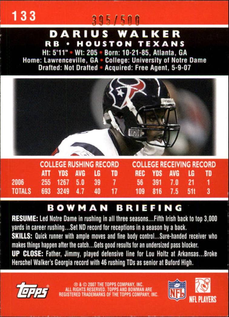 2007 Bowman Blue #133 Darius Walker back image