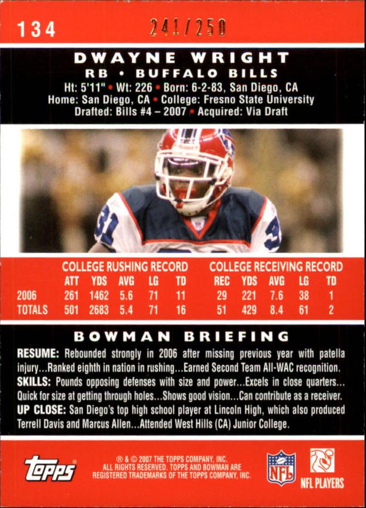 2007 Bowman Orange #134 Dwayne Wright back image