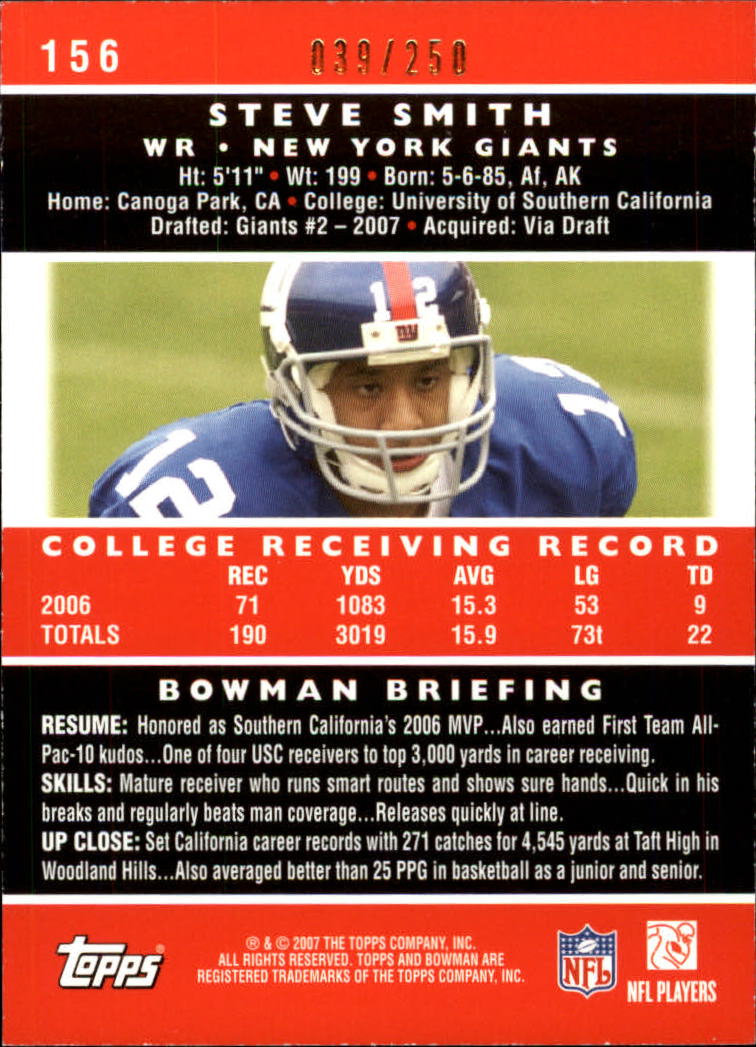 2007 Bowman Orange #156 Steve Smith USC back image