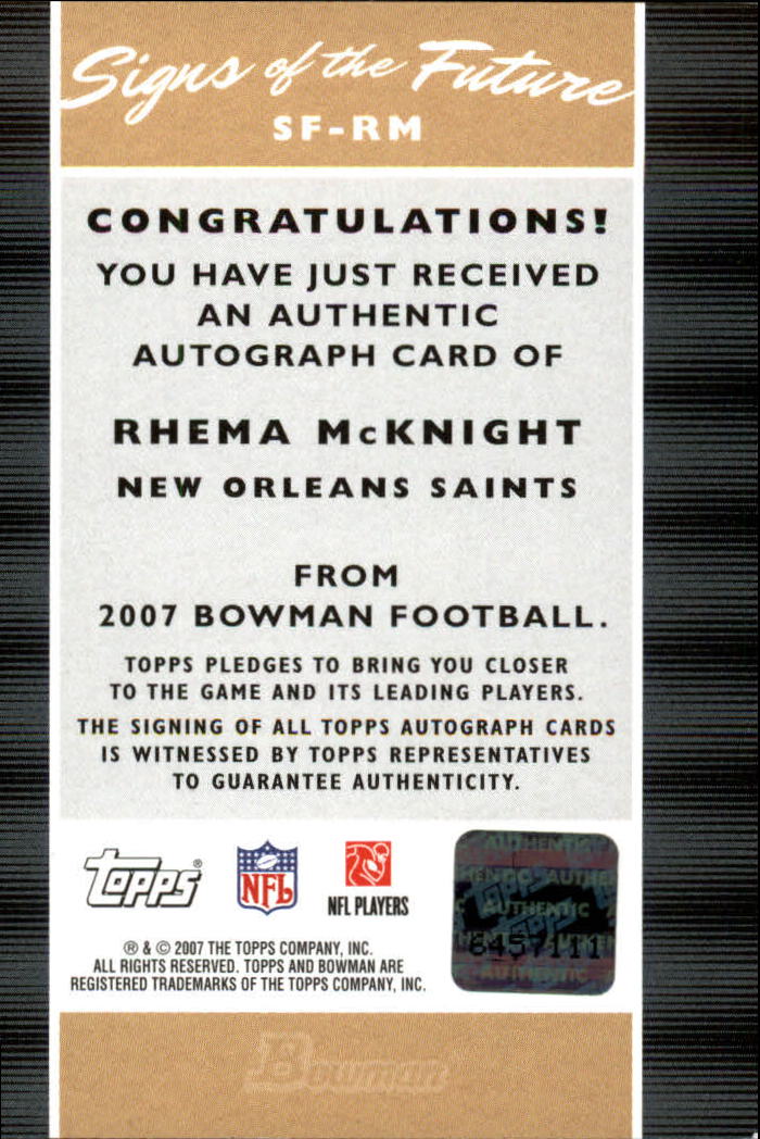 2007 Bowman Signs of the Future #SFRM Rhema McKnight E back image