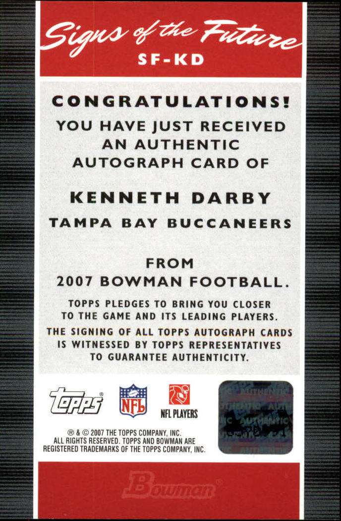 2007 Bowman Signs of the Future #SFKD Kenneth Darby G back image