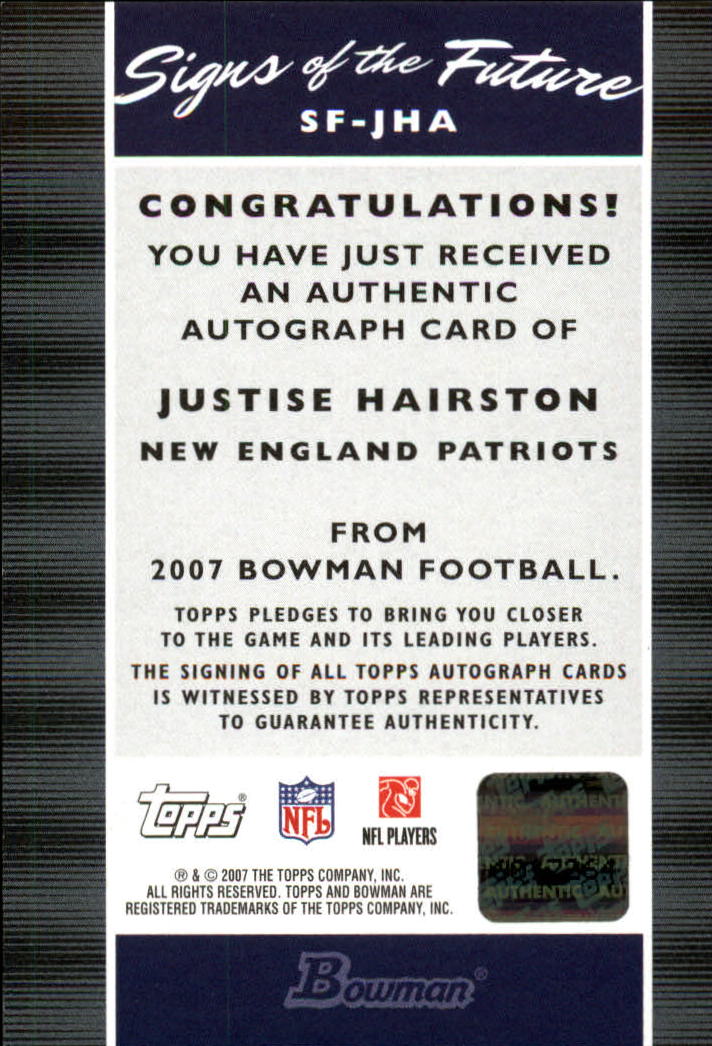2007 Bowman Signs of the Future #SFJHA Justise Hairston D back image
