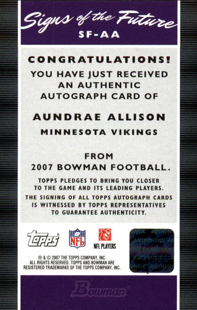 2007 Bowman Signs of the Future #SFAA Aundrae Allison D back image