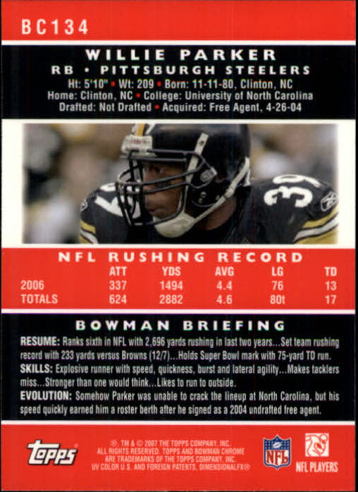 2007 Bowman Chrome #BC134 Willie Parker back image