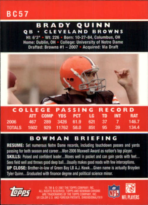 2007 Bowman Chrome #BC57 Brady Quinn RC back image