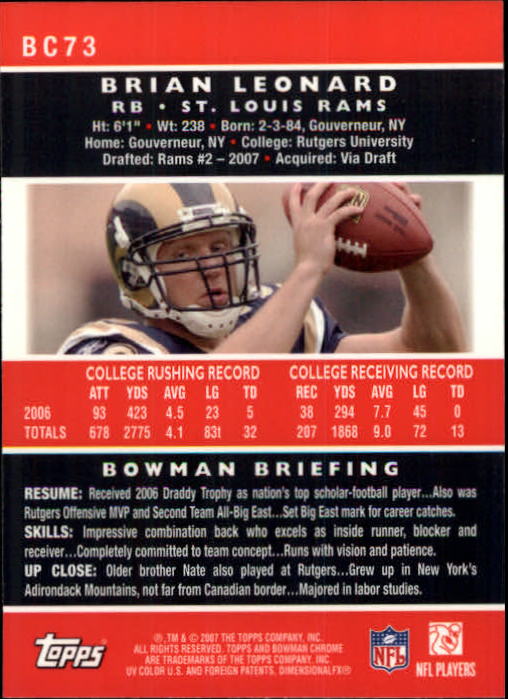 2007 Bowman Chrome #BC73 Brian Leonard RC back image