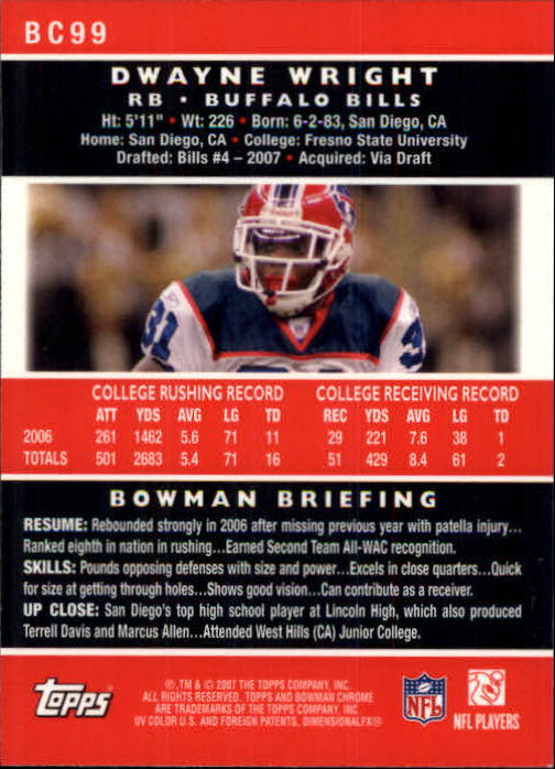 2007 Bowman Chrome #BC99 Dwayne Wright RC back image