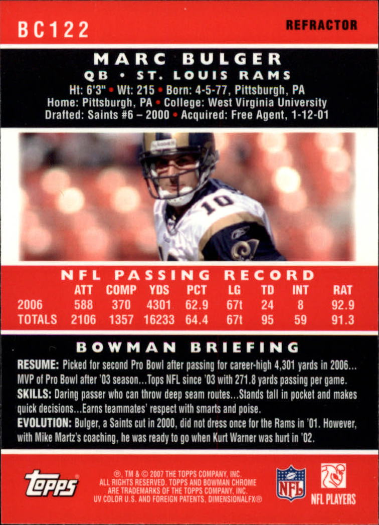 2007 Bowman Chrome Refractors #BC122 Marc Bulger back image