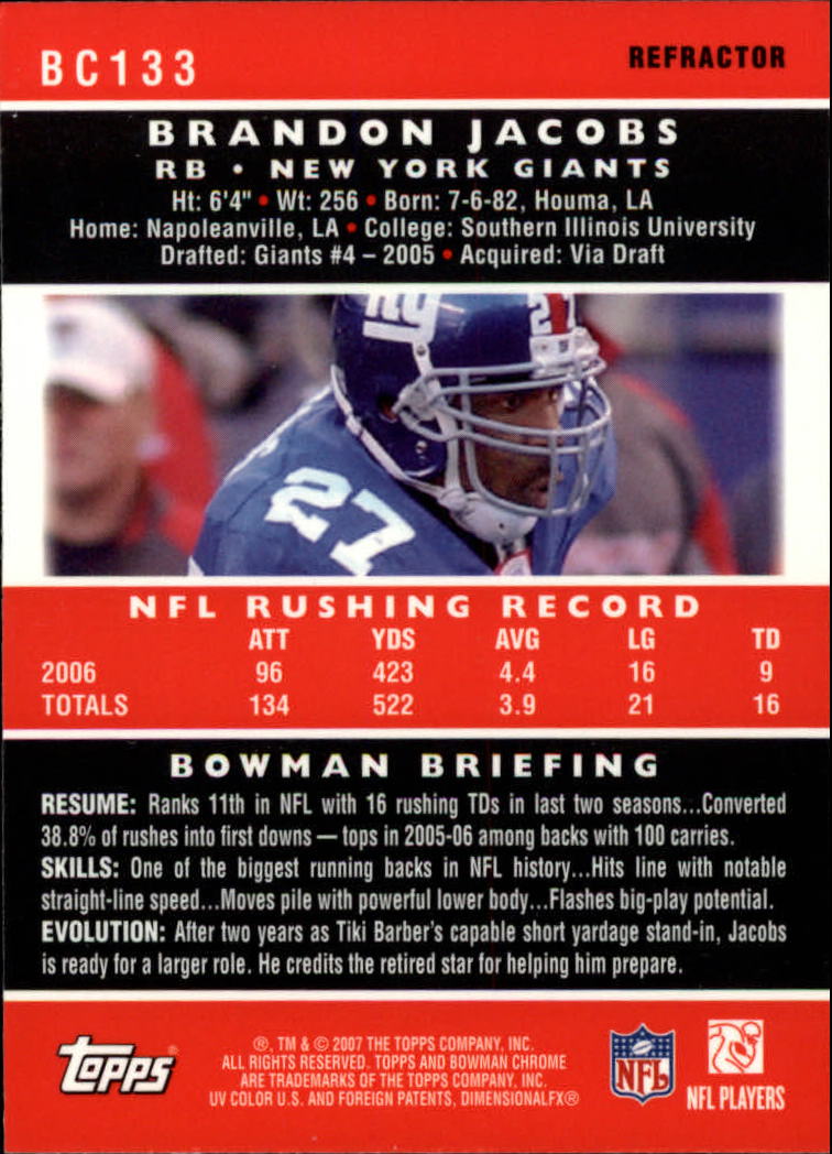 2007 Bowman Chrome Refractors #BC133 Brandon Jacobs back image