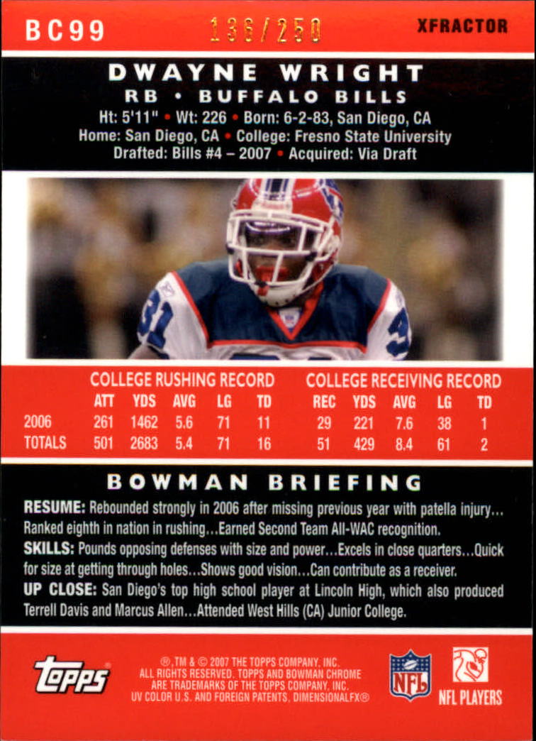 2007 Bowman Chrome Xfractors #BC99 Dwayne Wright back image