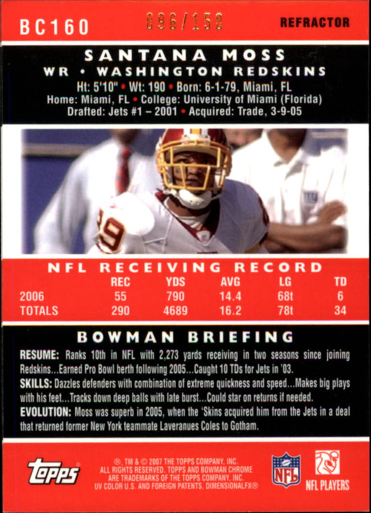 2007 Bowman Chrome Blue Refractors #160 Santana Moss