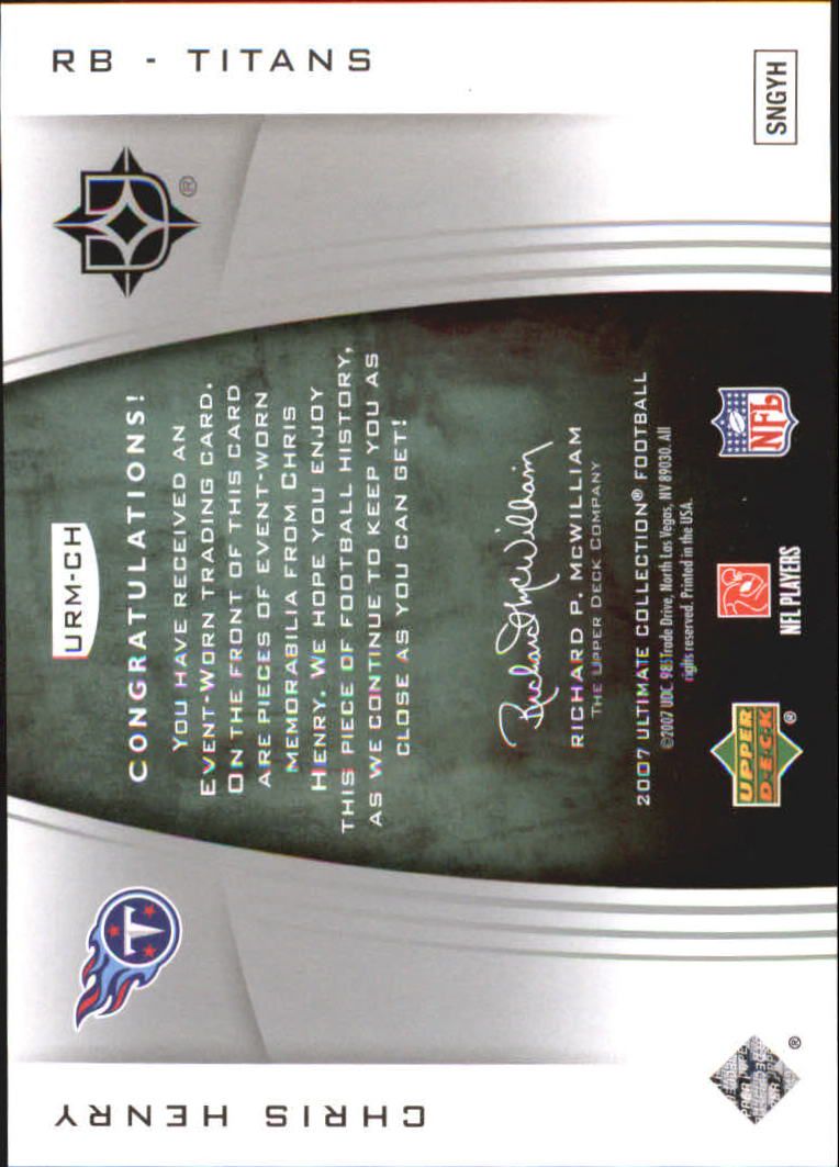 2007 Ultimate Collection Rookie Materials Silver #URMCH Chris Henry RB back image