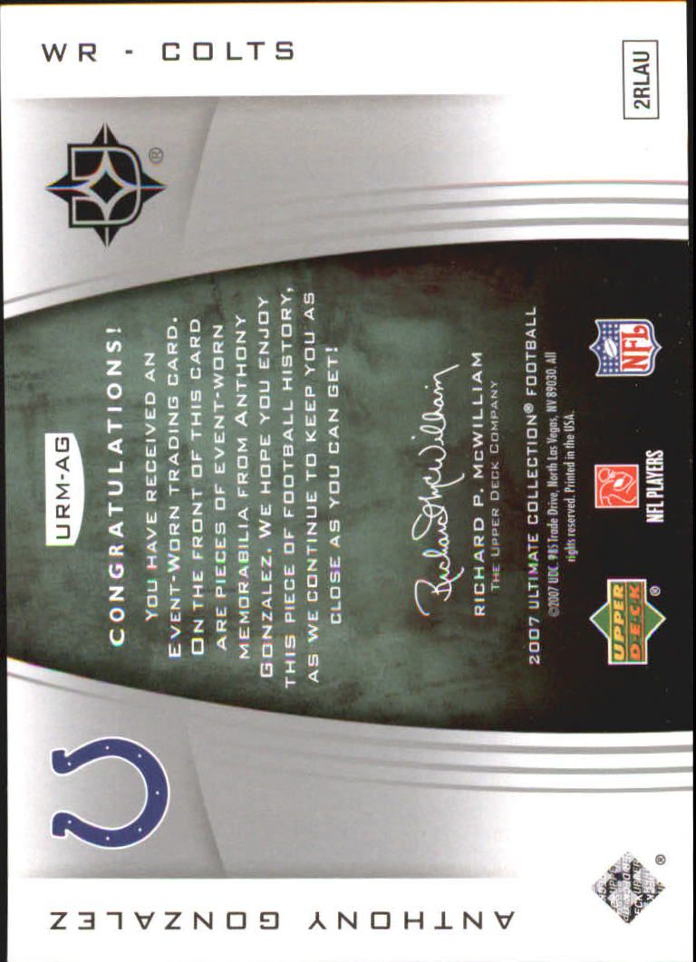 2007 Ultimate Collection Rookie Materials Silver #URMAG Anthony Gonzalez back image