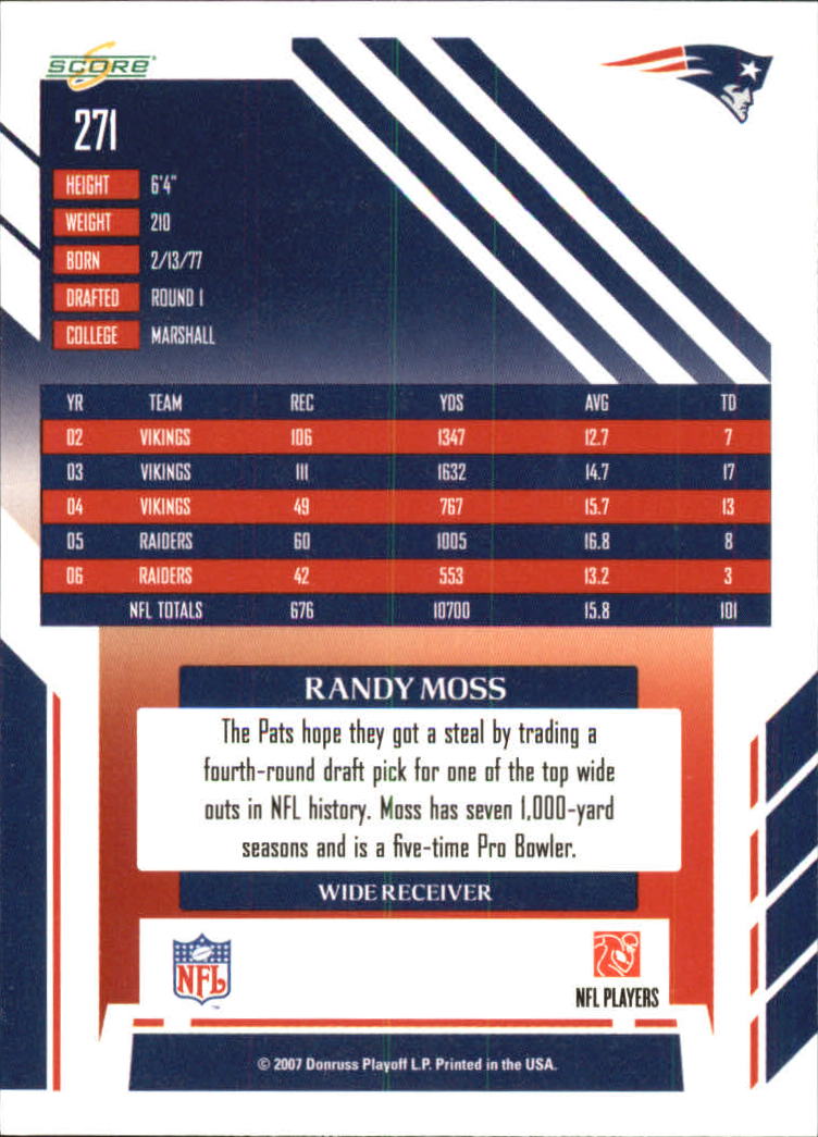 2007 Score Factory Set Updates #271 Randy Moss back image