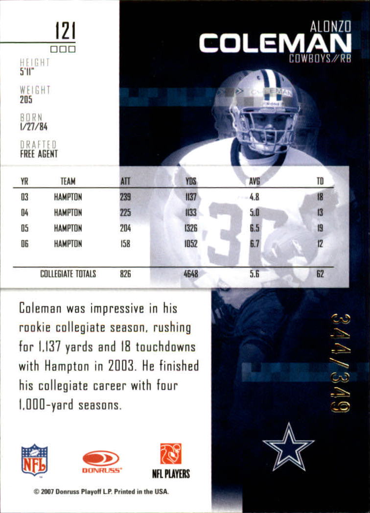 2007 Leaf Rookies and Stars Gold Retail #121 Alonzo Coleman back image