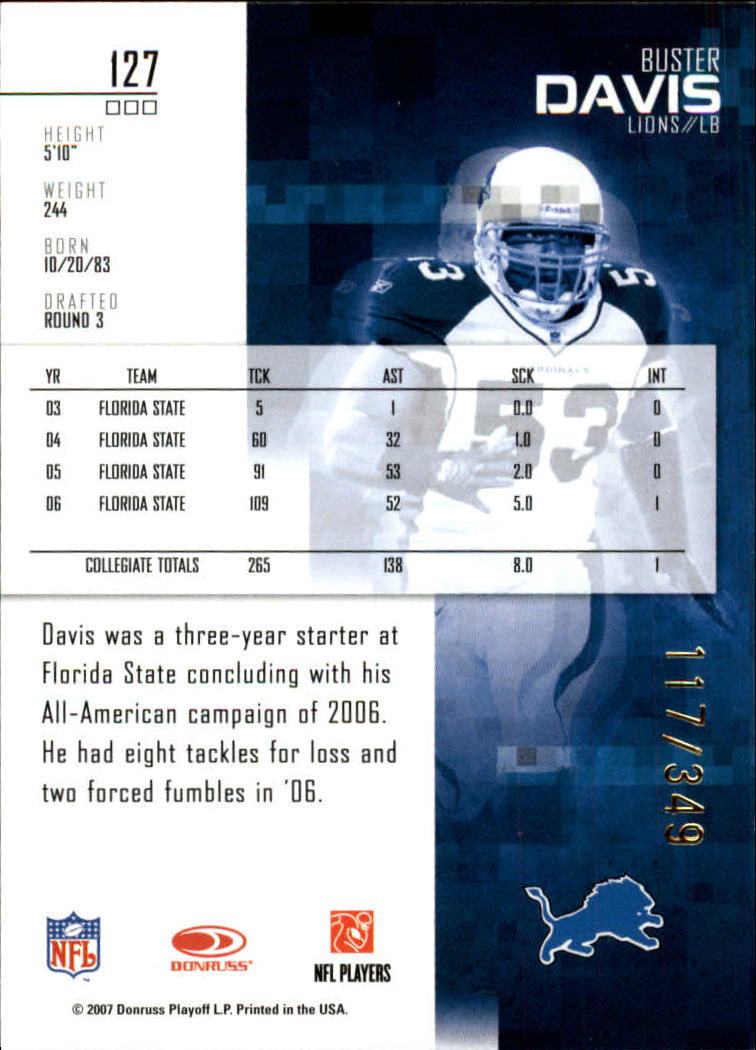 2007 Leaf Rookies and Stars Gold Retail #127 Buster Davis back image